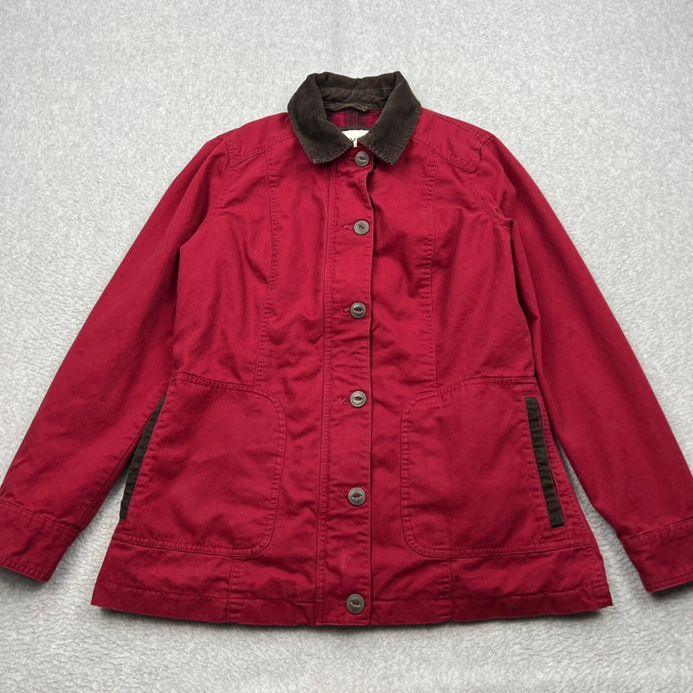 Orvis Barn Jacket Womens Small Red Canvas Plaid Lined Corduroy Collar Field Coat